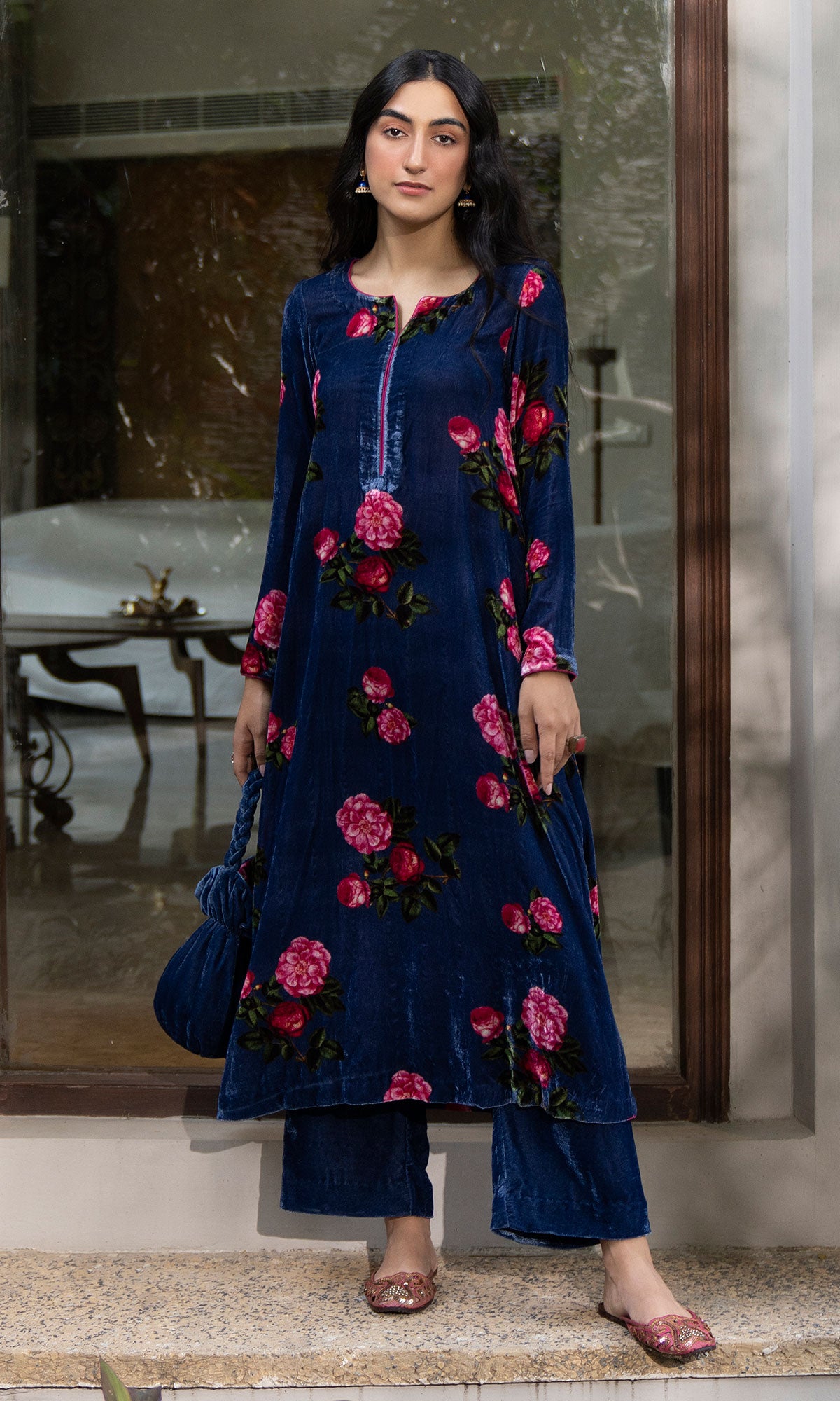 Bareen floral Blue velvet straight kurta with velvet palazzo and shawl - Set of 3 - Ready to ship