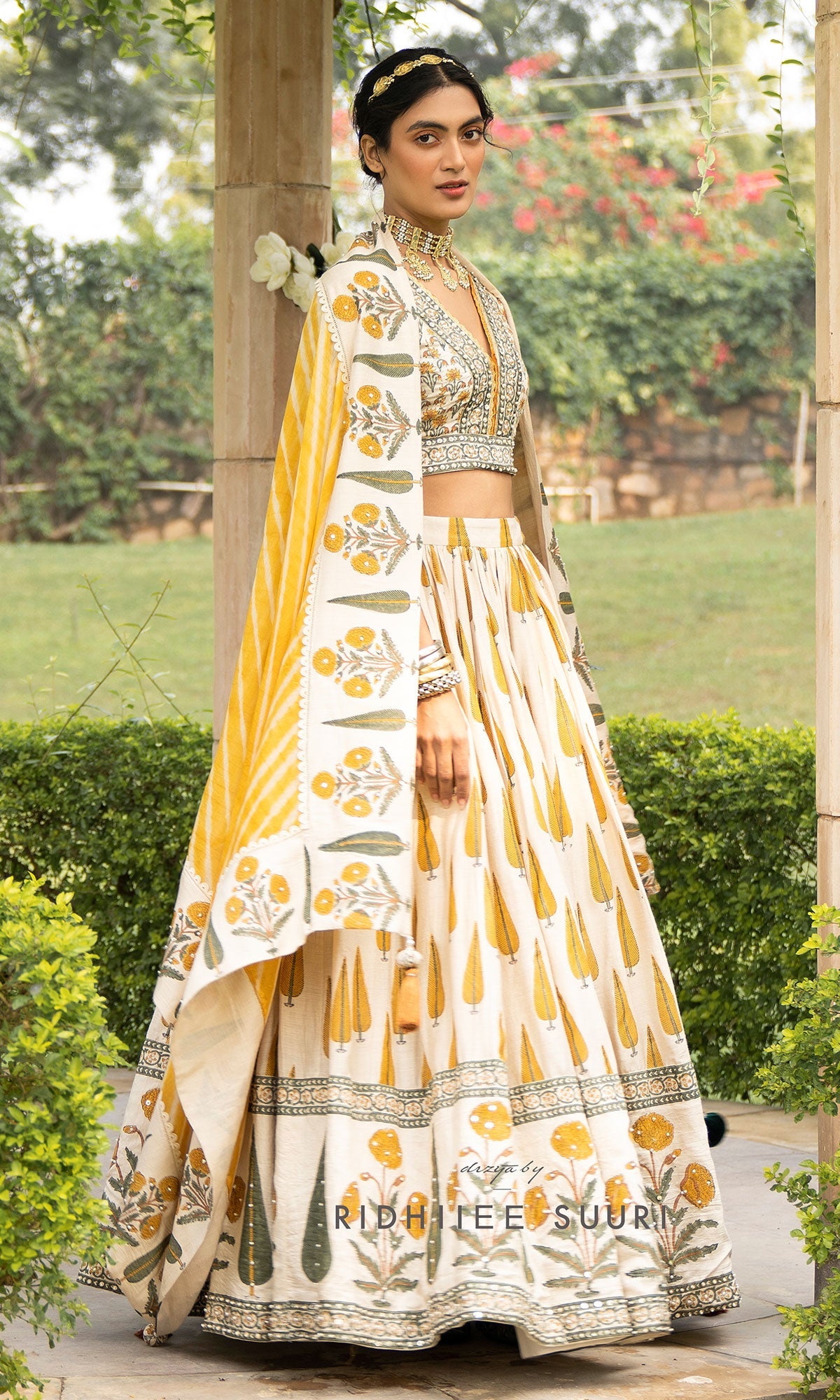 Bareen Mughal Mustard Yellow Block Printed Lehenga Set With Lehariya dupatta - Set Of 3 Ready to ship