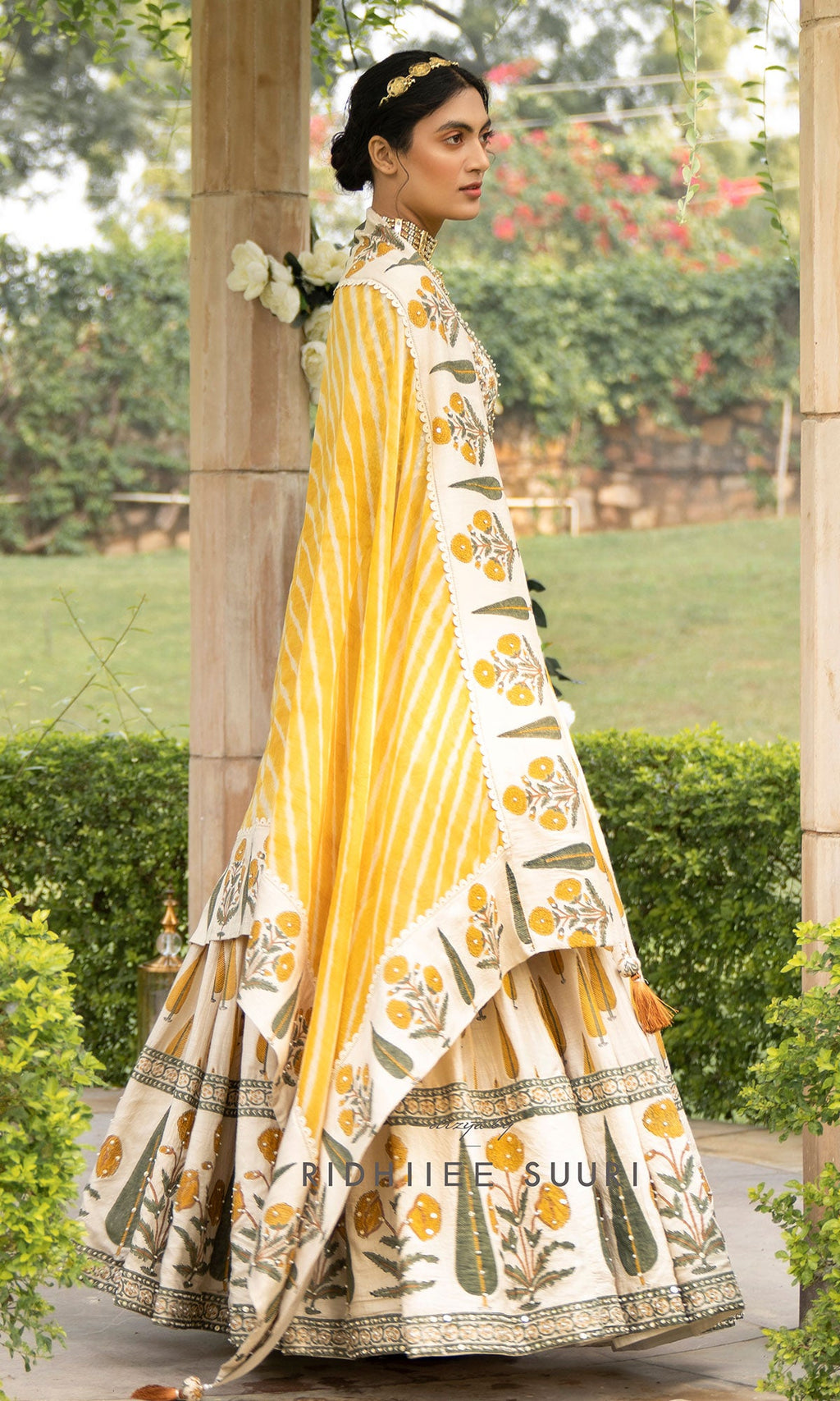 Bareen Mughal Mustard Yellow Block Printed Lehenga Set With Lehariya dupatta - Set Of 3 Ready to ship
