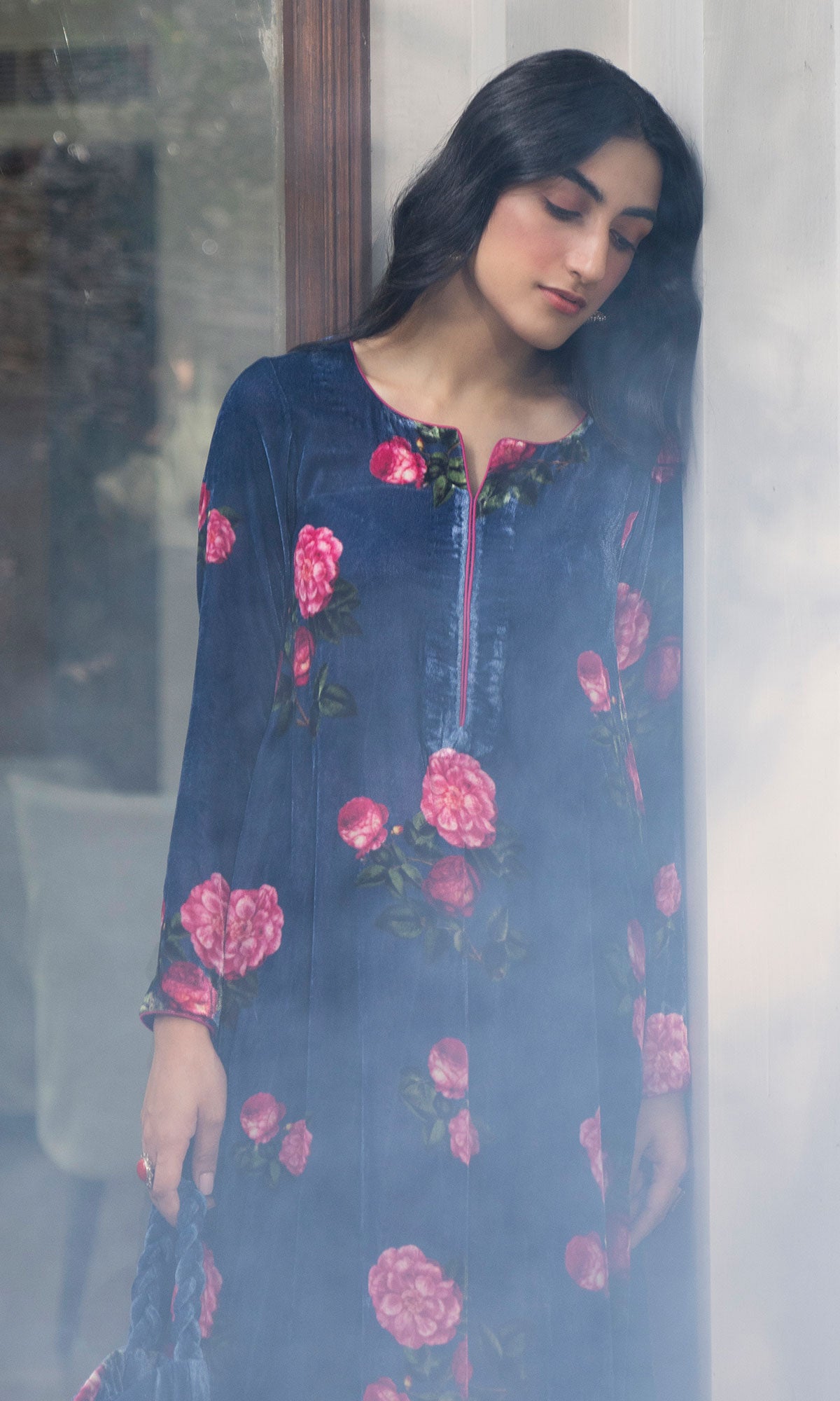 Bareen floral Blue velvet straight kurta with velvet palazzo and shawl - Set of 3 - Ready to ship