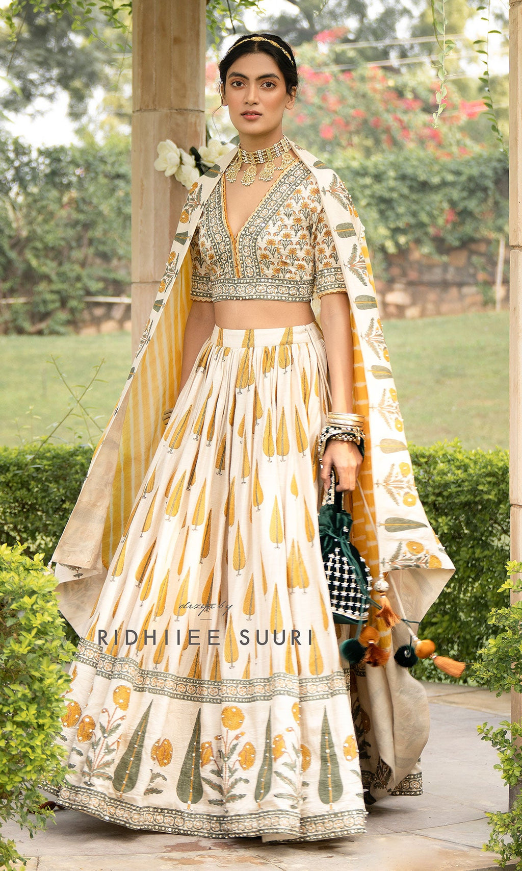 Bareen Mughal Mustard Yellow Block Printed Lehenga Set With Lehariya dupatta - Set Of 3 Ready to ship