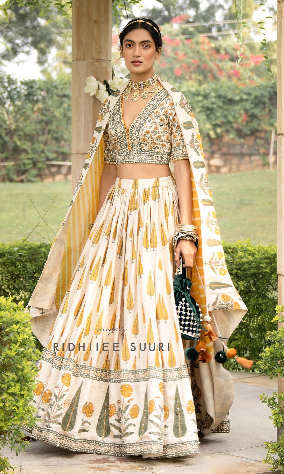 Bareen Mughal Mustard Yellow Block Printed Lehenga Set With Lehariya dupatta - Set Of 3 Ready to ship