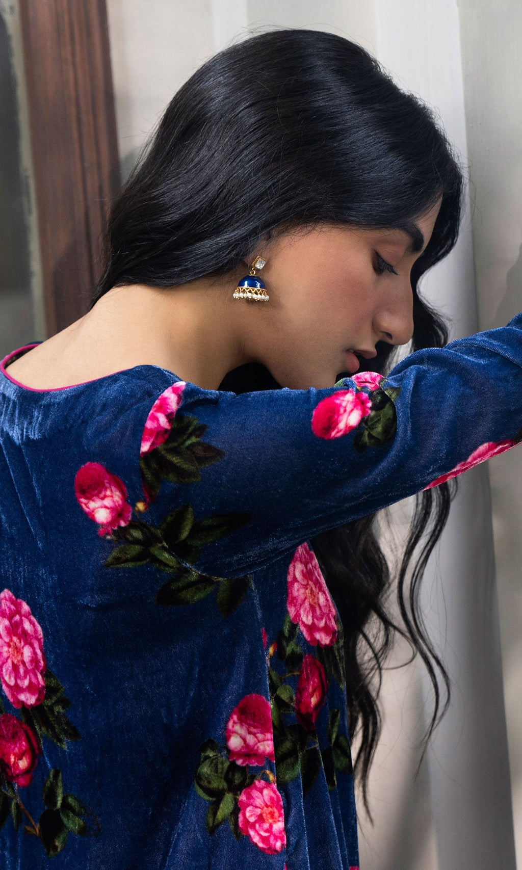 Bareen floral Blue velvet straight kurta with velvet palazzo and shawl - Set of 3 - Ready to ship