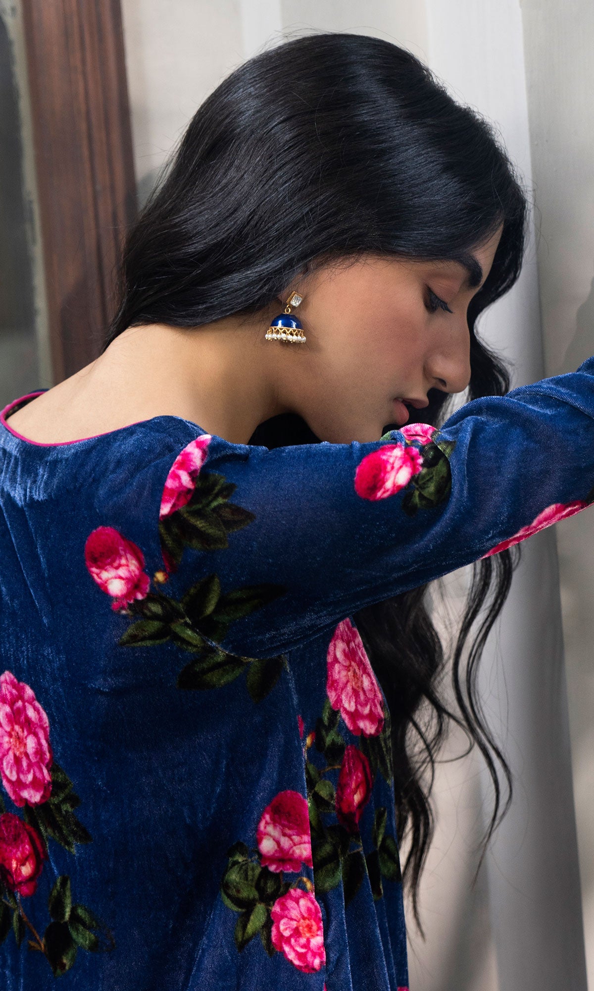 Bareen floral Blue velvet straight kurta with velvet palazzo and shawl - Set of 3 - Ready to ship