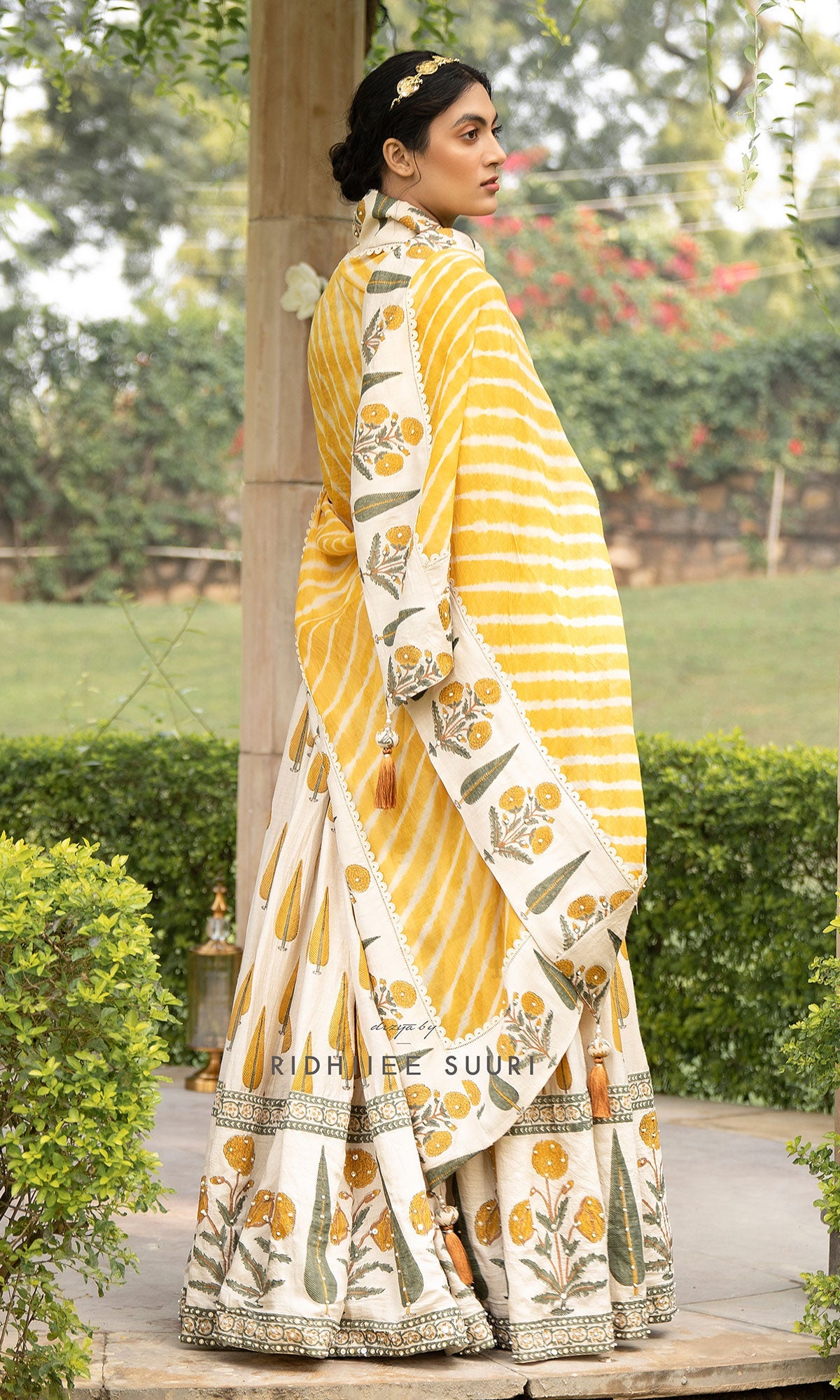 Bareen Mughal Mustard Yellow Block Printed Lehenga Set With Lehariya dupatta - Set Of 3 Ready to ship