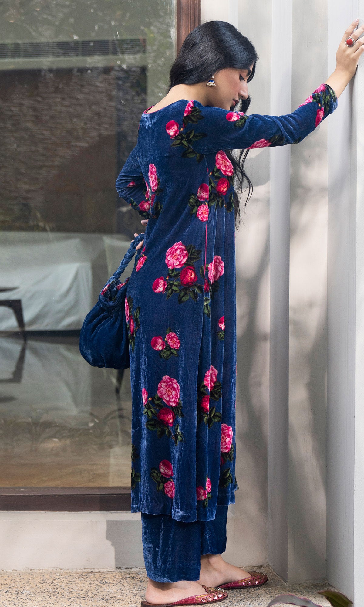 Bareen floral Blue velvet straight kurta with velvet palazzo and shawl - Set of 3 - Ready to ship