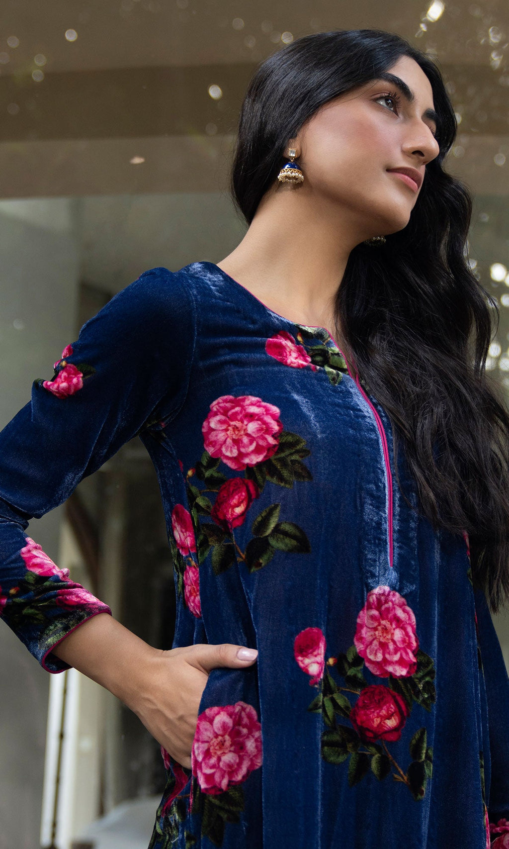 Bareen floral Blue velvet straight kurta with velvet palazzo and shawl - Set of 3 - Ready to ship