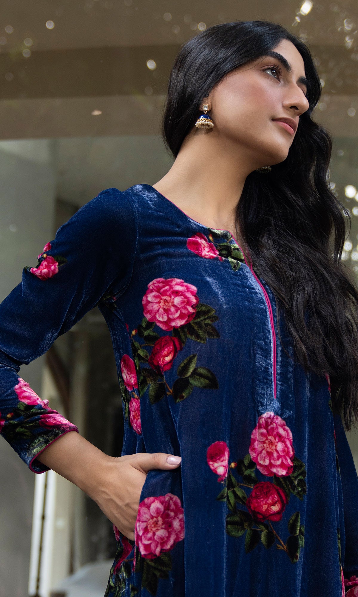 Bareen floral Blue velvet straight kurta with velvet palazzo and shawl - Set of 3 - Ready to ship