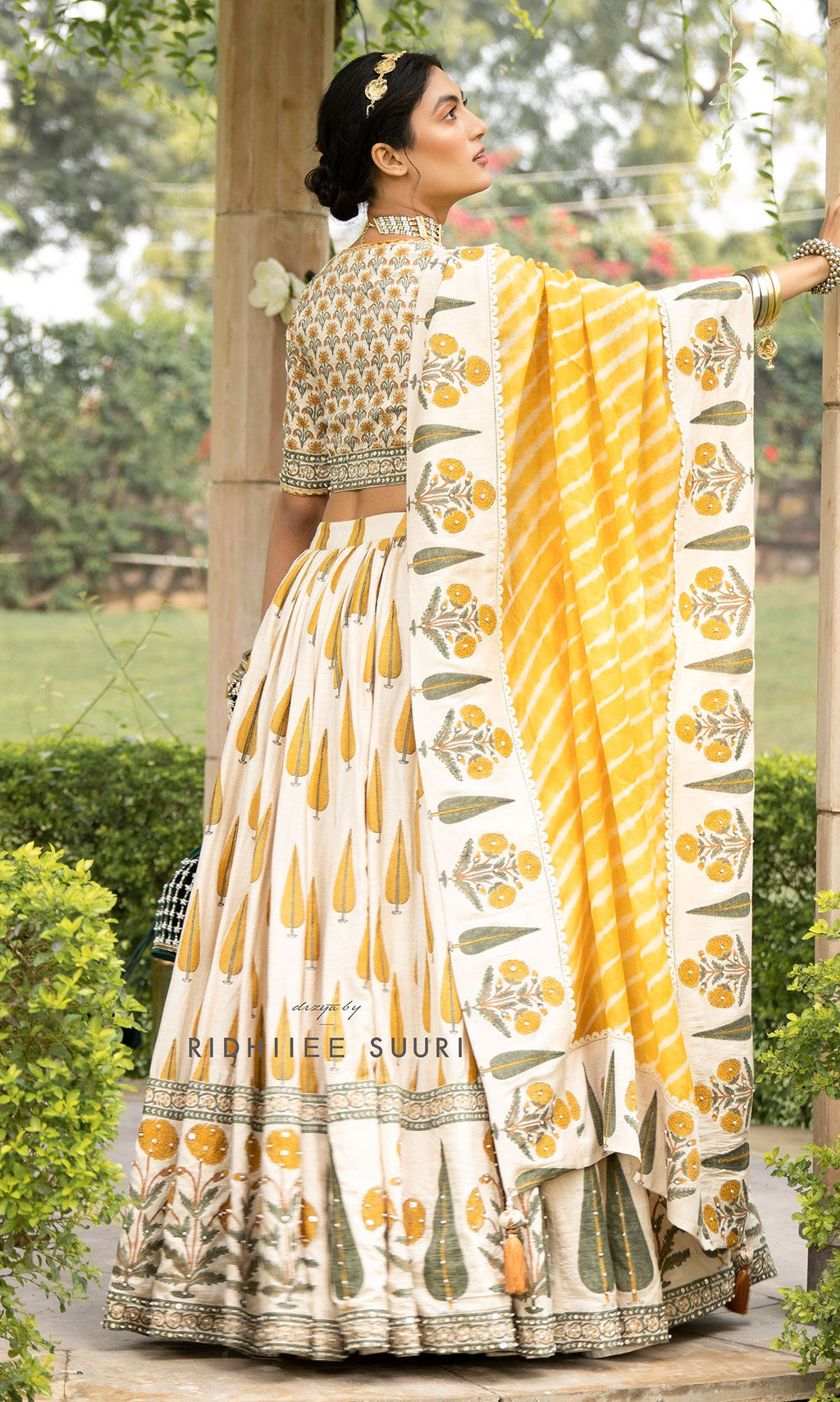 Bareen Mughal Mustard Yellow Block Printed Lehenga Set With Lehariya dupatta - Set Of 3 Ready to ship
