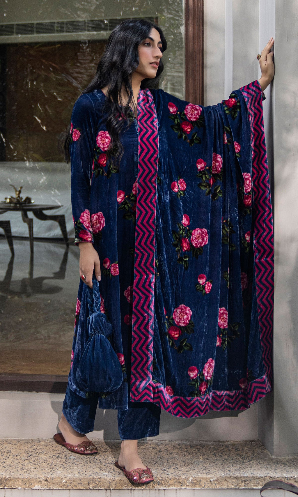 Bareen floral Blue velvet straight kurta with velvet palazzo and shawl - Set of 3 - Ready to ship