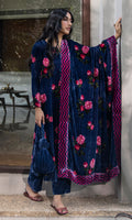Bareen floral Blue velvet straight kurta with velvet palazzo and shawl - Set of 3 - Ready to ship