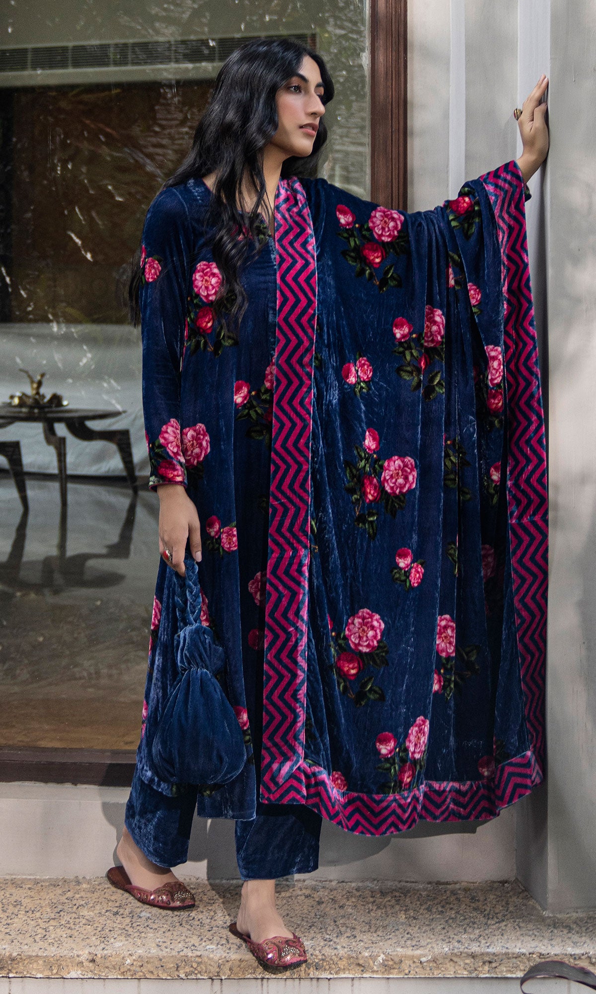 Bareen floral Blue velvet straight kurta with velvet palazzo and shawl - Set of 3 - Ready to ship