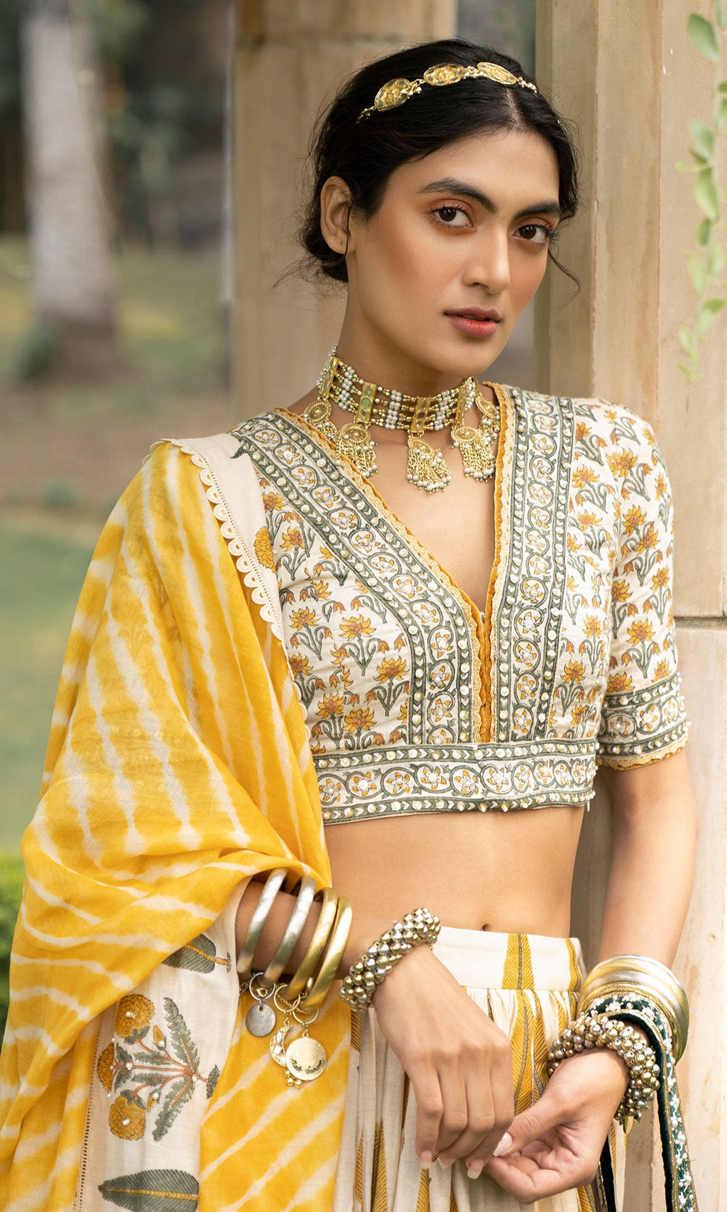 Bareen Mughal Mustard Yellow Block Printed Lehenga Set With Lehariya dupatta - Set Of 3 Ready to ship