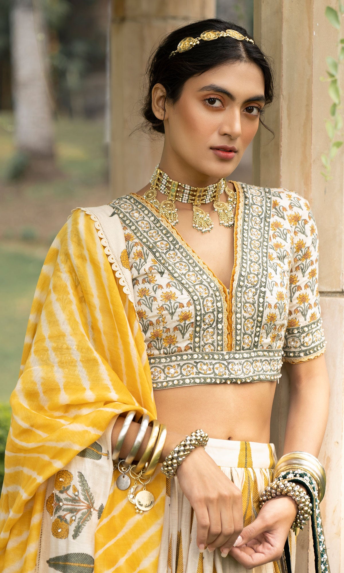 Bareen Mughal Mustard Yellow Block Printed Lehenga Set With Lehariya dupatta - Set Of 3 Ready to ship