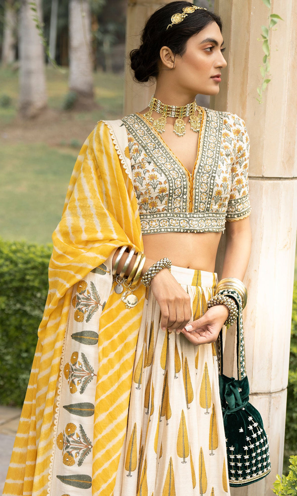 Bareen Mughal Mustard Yellow Block Printed Lehenga Set With Lehariya dupatta - Set Of 3 Ready to ship