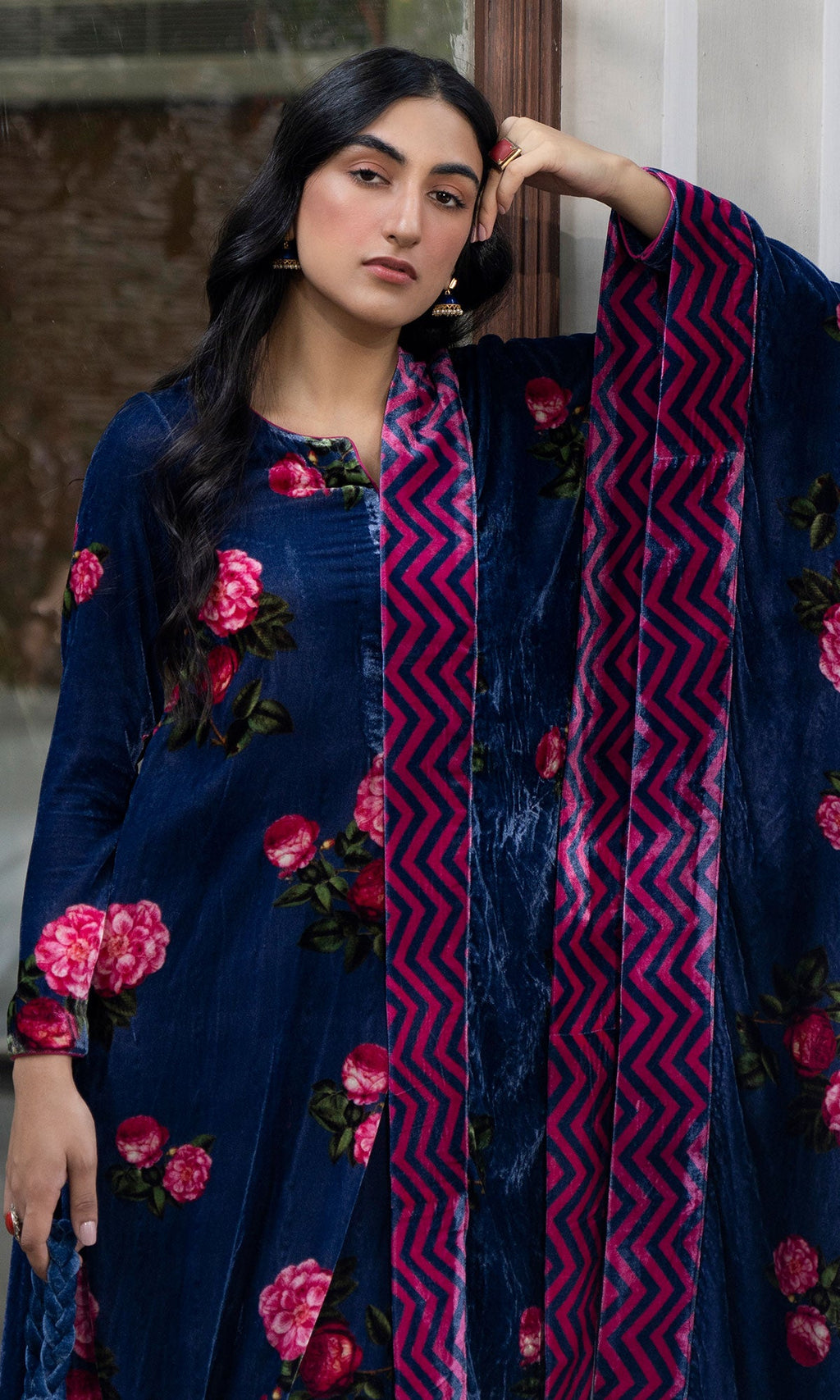 Bareen floral Blue velvet straight kurta with velvet palazzo and shawl - Set of 3 - Ready to ship