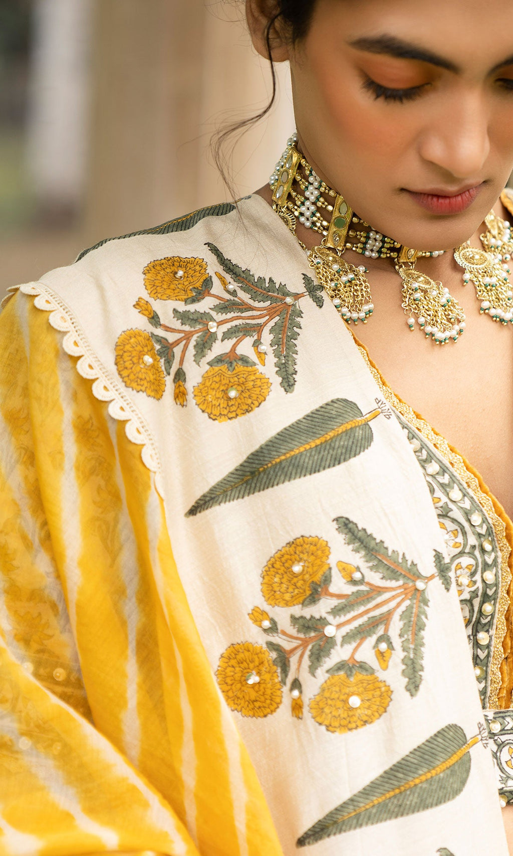 Bareen Mughal Mustard Yellow Block Printed Lehenga Set With Lehariya dupatta - Set Of 3 Ready to ship