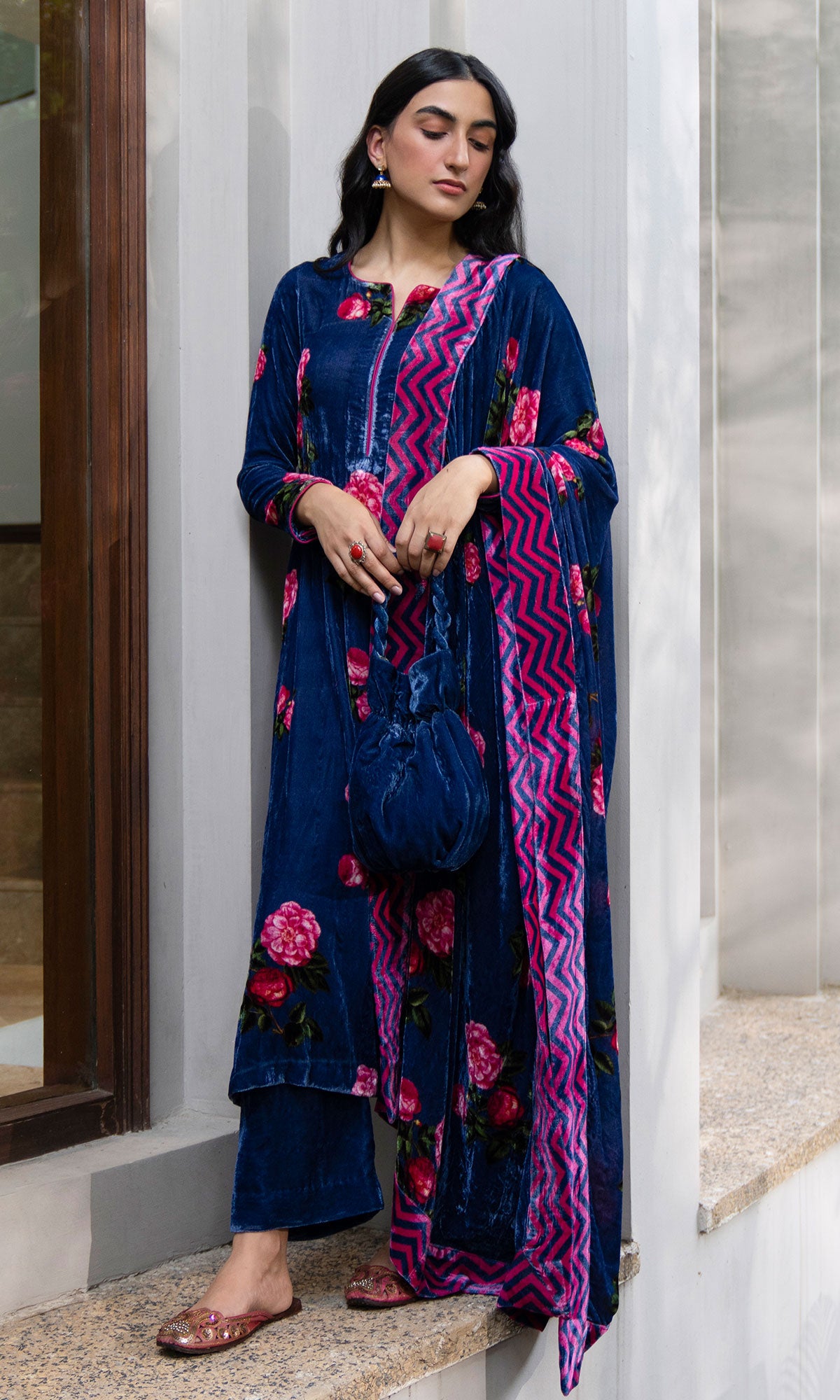 Bareen floral Blue velvet straight kurta with velvet palazzo and shawl - Set of 3 - Ready to ship