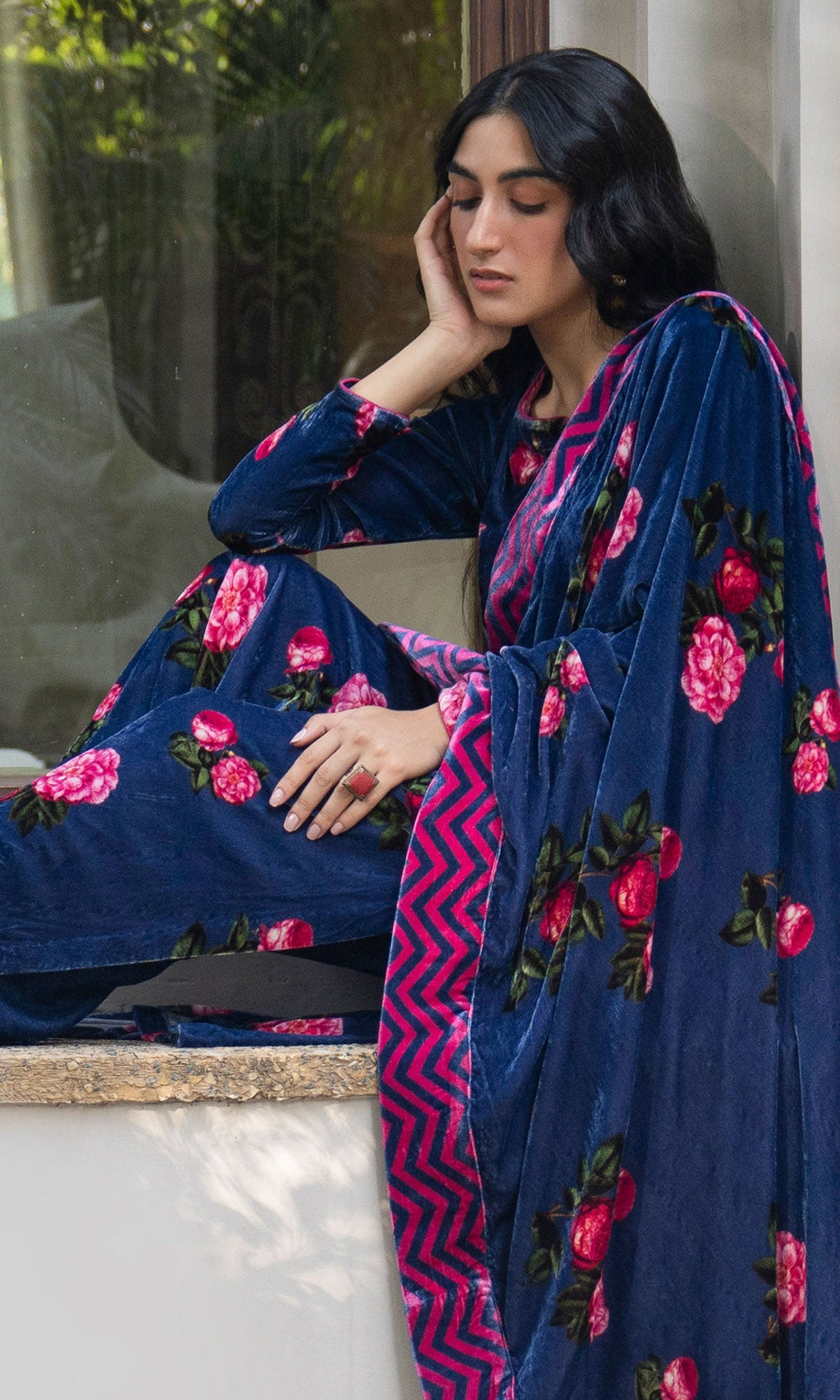 Bareen floral Blue velvet straight kurta with velvet palazzo and shawl - Set of 3 - Ready to ship