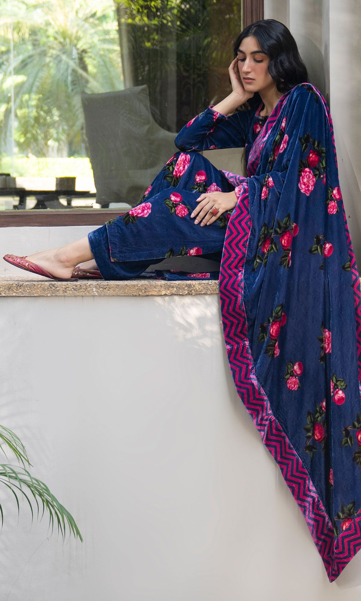 Bareen floral Blue velvet straight kurta with velvet palazzo and shawl - Set of 3 - Ready to ship