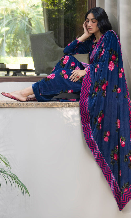 Bareen floral Blue velvet straight kurta with velvet palazzo and shawl - Set of 3 - Ready to ship
