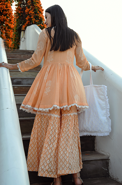 Jannat Orange Short Kurta with Gharara and Dupatta - Ready to ship