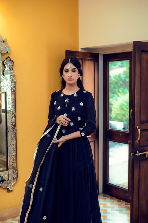 AAFREEN FLOWER GOTA YOKE GATHER DROP WAIST GATHER ANARKALI SET 0F 3 - BLACK