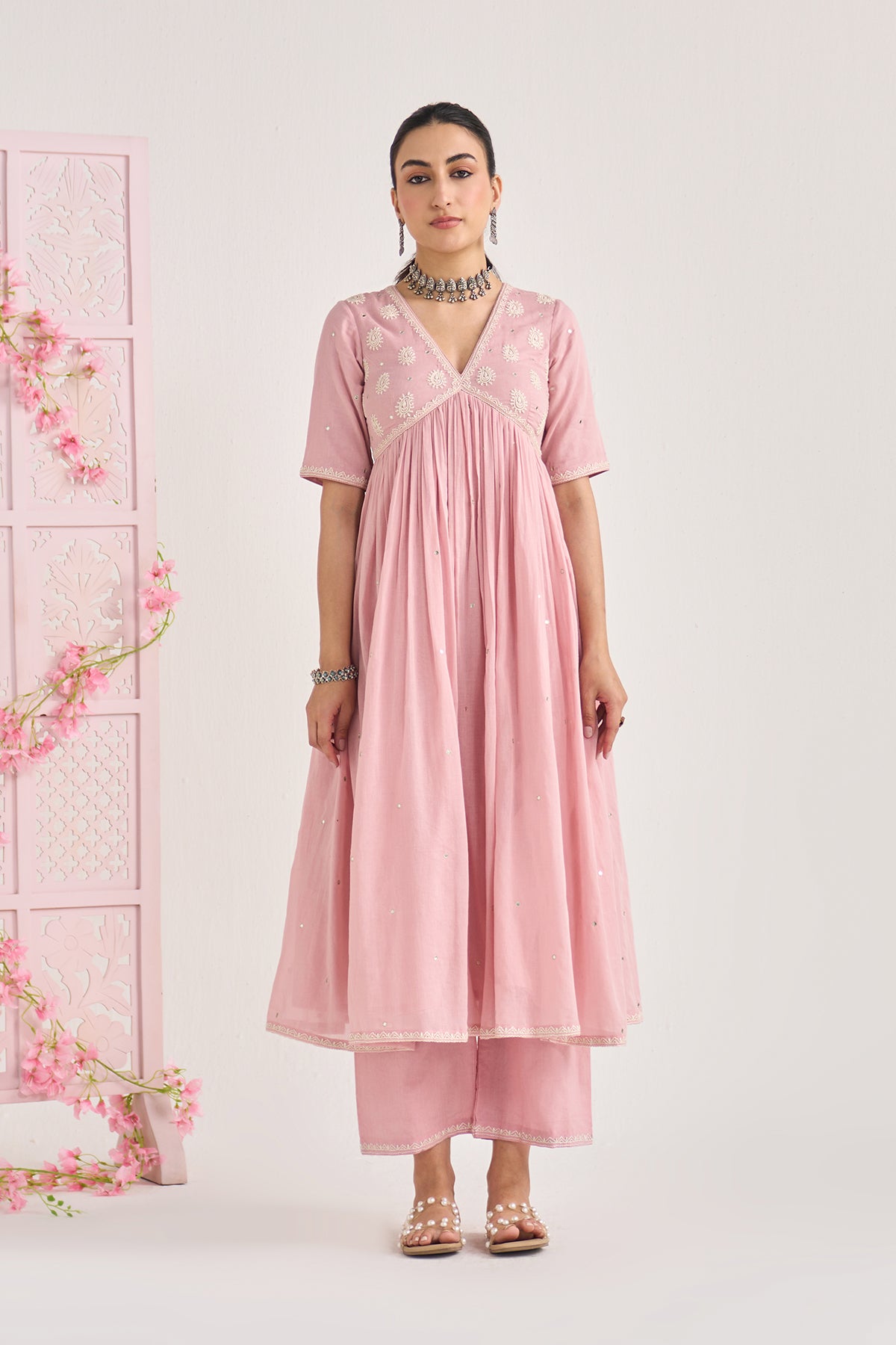 Chikankari summer 26 Dusty pink Chikankari v neck gathered kurta with palazzo and dupatta ( set of 3) - Ready to ship