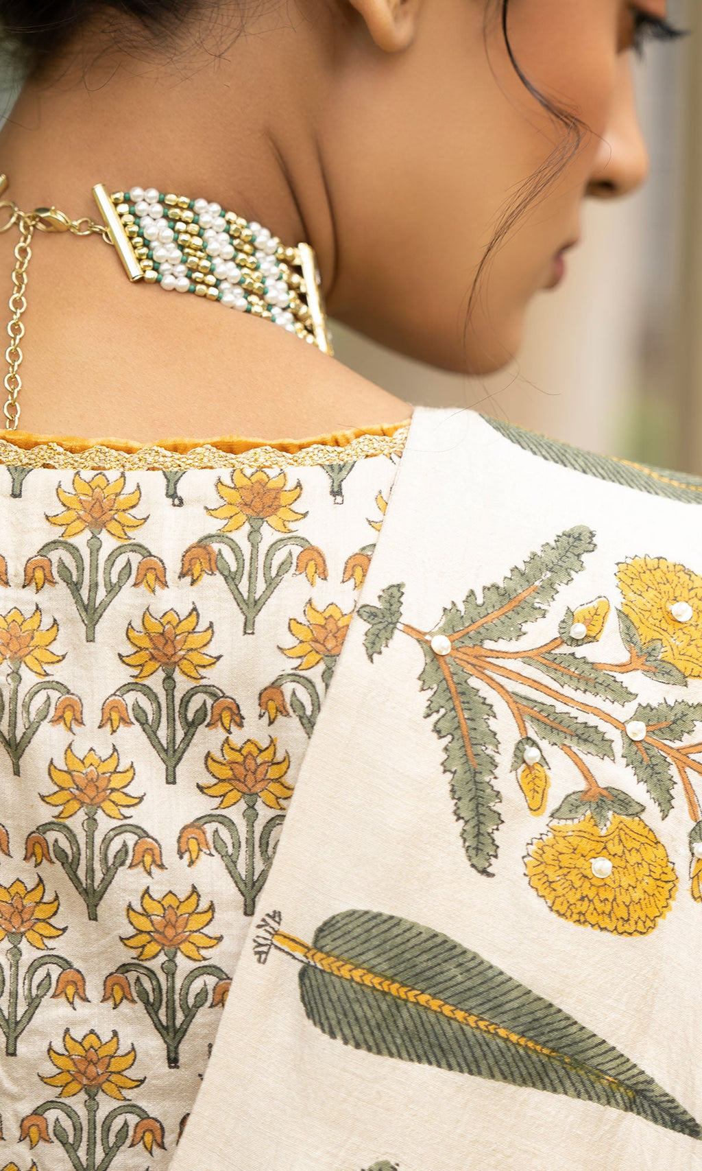 Bareen Mughal Mustard Yellow Block Printed Lehenga Set With Lehariya dupatta - Set Of 3 Ready to ship