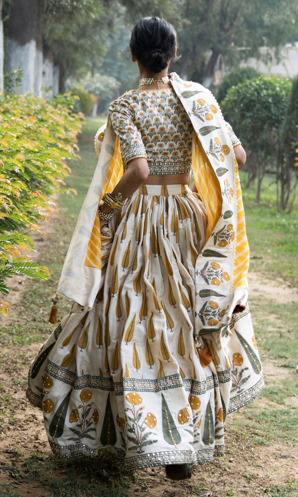 Bareen Mughal Mustard Yellow Block Printed Lehenga Set With Lehariya dupatta - Set Of 3 Ready to ship