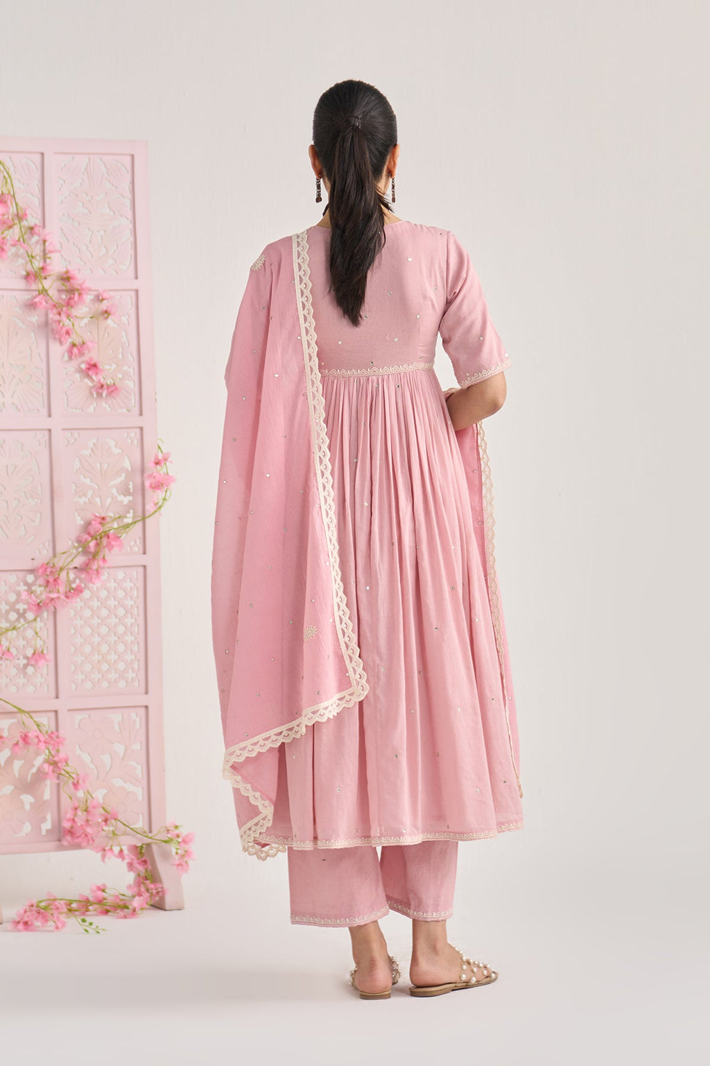 Chikankari summer 26 Dusty pink Chikankari v neck gathered kurta with palazzo and dupatta ( set of 3) - Ready to ship