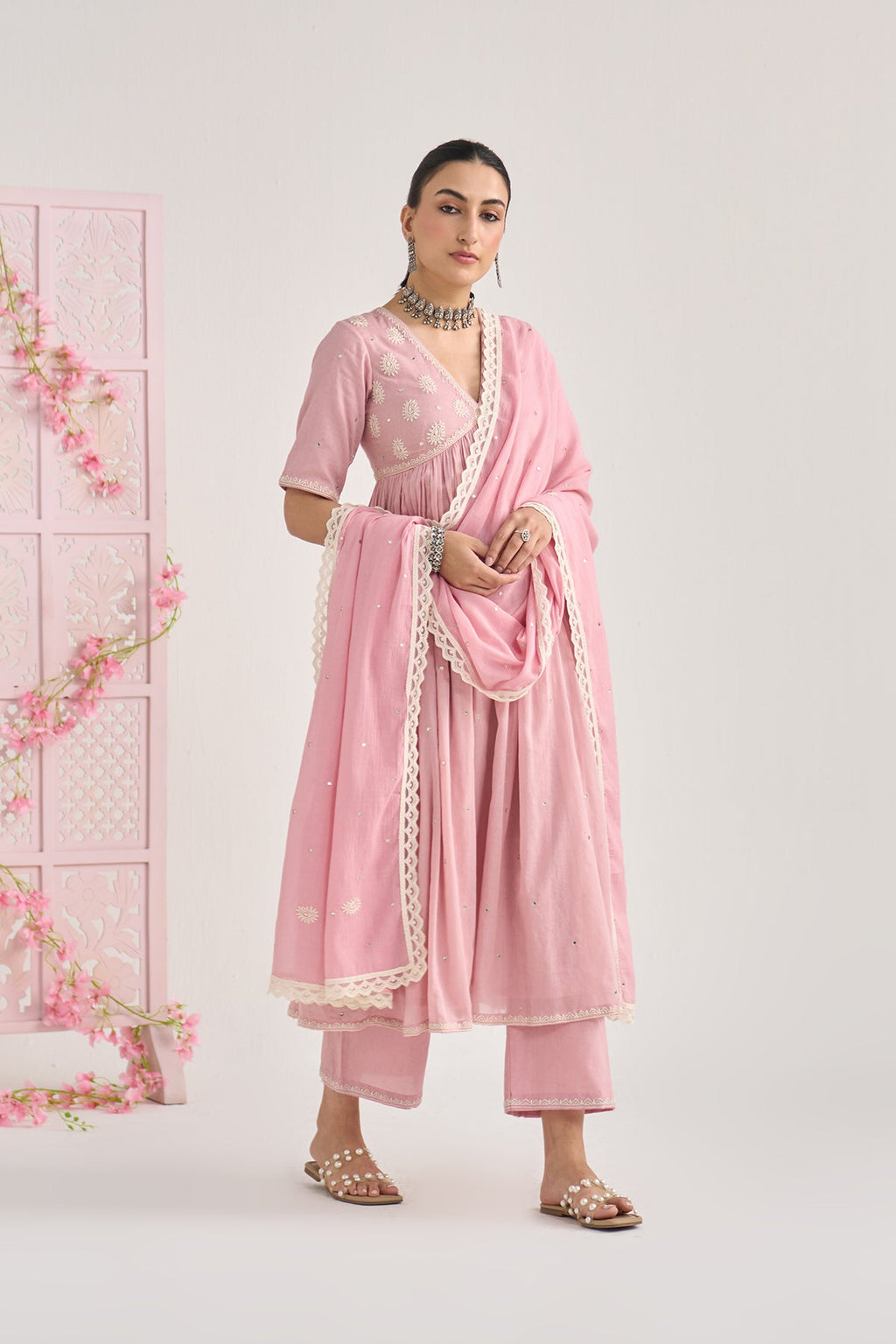 Chikankari summer 26 Dusty pink Chikankari v neck gathered kurta with palazzo and dupatta ( set of 3) - Ready to ship