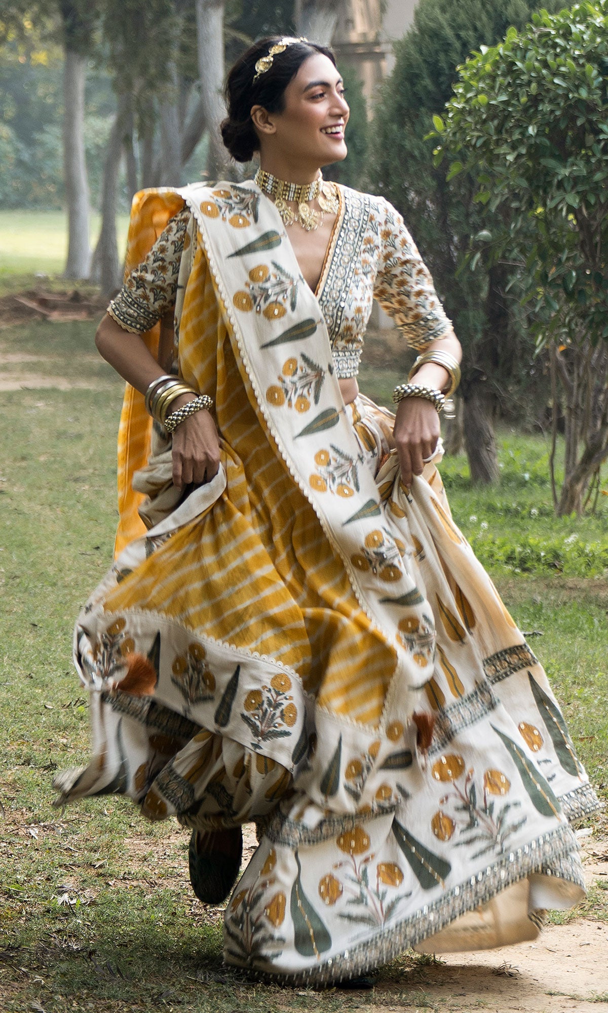 Bareen Mughal Mustard Yellow Block Printed Lehenga Set With Lehariya dupatta - Set Of 3 Ready to ship
