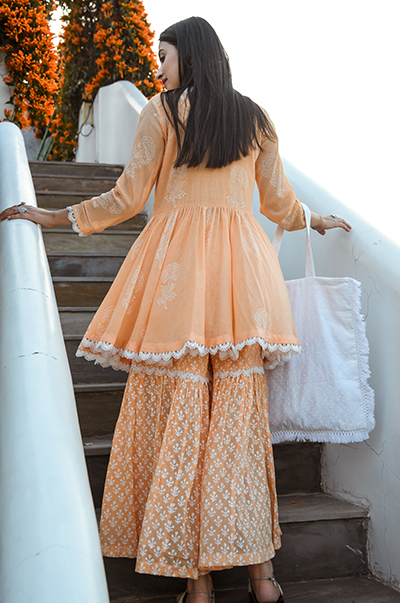 Jannat Orange Short Kurta with Gharara and Dupatta - Ready to ship