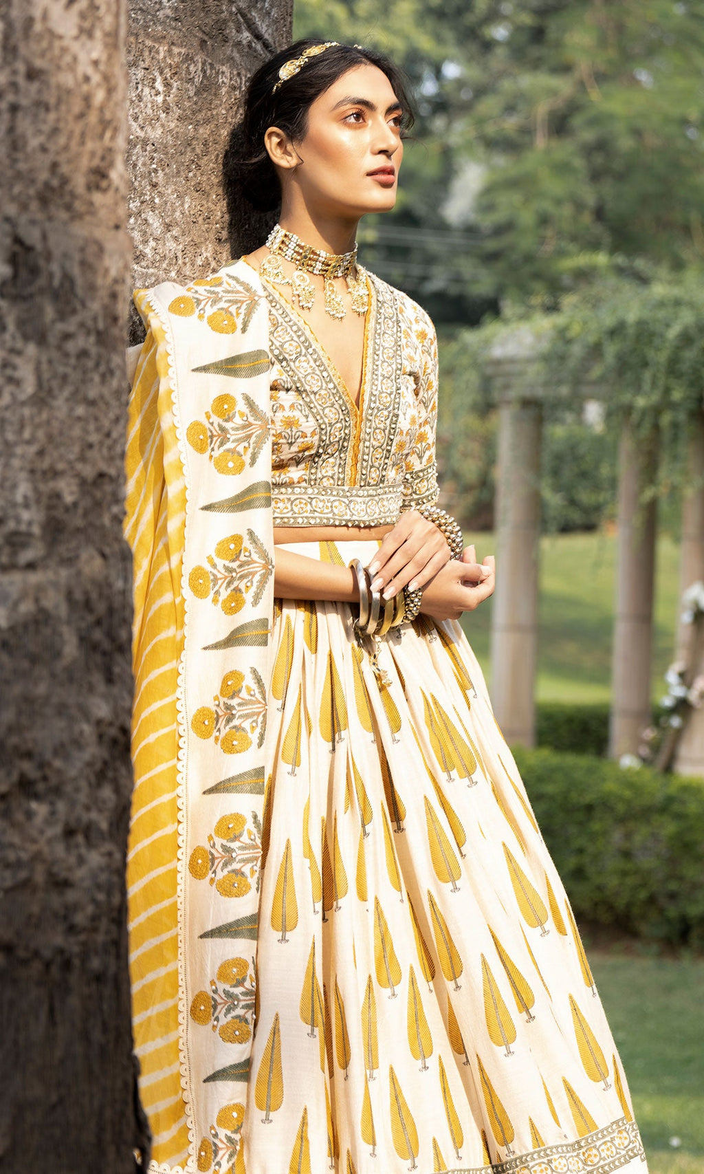 Bareen Mughal Mustard Yellow Block Printed Lehenga Set With Lehariya dupatta - Set Of 3 Ready to ship