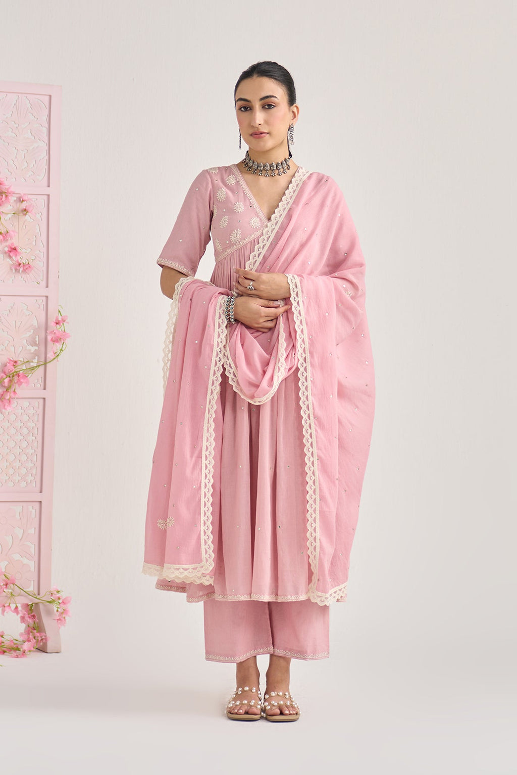 Chikankari summer 26 Dusty pink Chikankari v neck gathered kurta with palazzo and dupatta ( set of 3) - Ready to ship