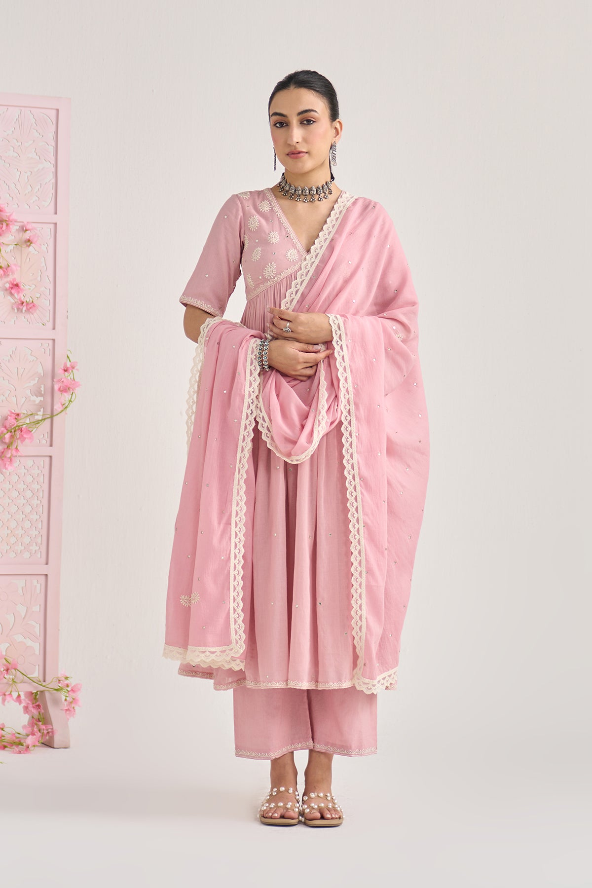 Chikankari summer 26 Dusty pink Chikankari v neck gathered kurta with palazzo and dupatta ( set of 3) - Ready to ship