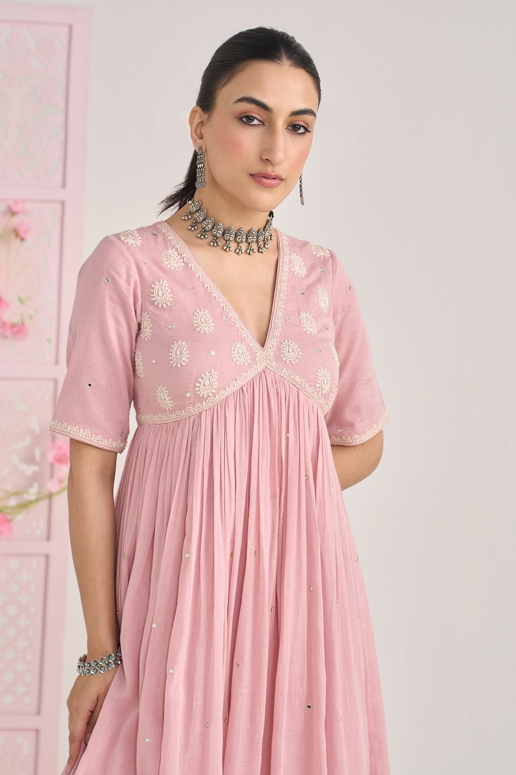 Chikankari summer 26 Dusty pink Chikankari v neck gathered kurta with palazzo and dupatta ( set of 3) - Ready to ship