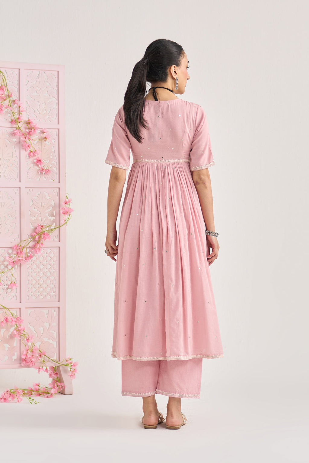 Chikankari summer 26 Dusty pink Chikankari v neck gathered kurta with palazzo and dupatta ( set of 3) - Ready to ship