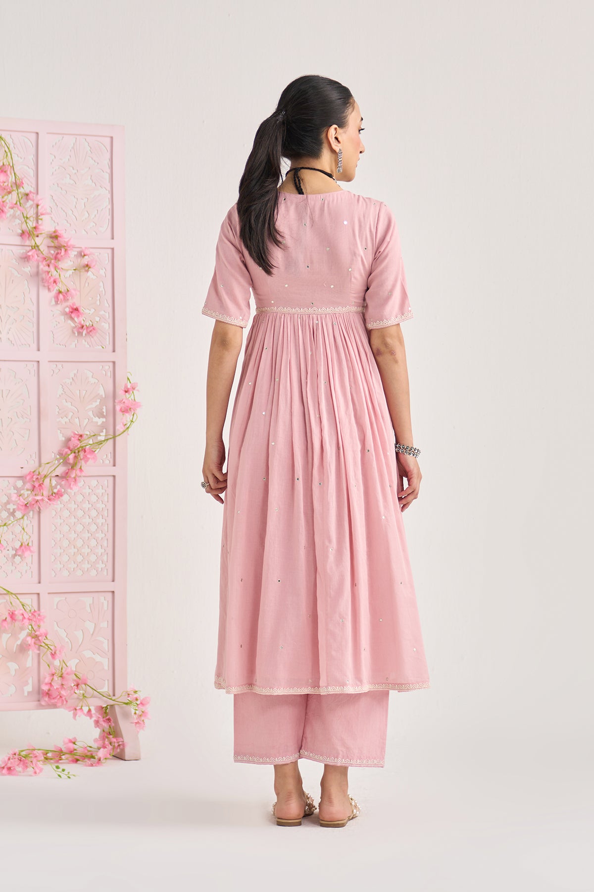 Chikankari summer 26 Dusty pink Chikankari v neck gathered kurta with palazzo and dupatta ( set of 3) - Ready to ship
