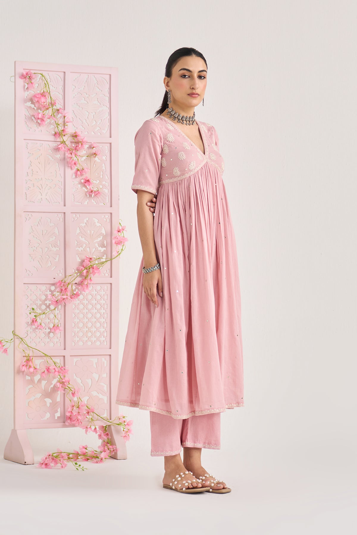 Chikankari summer 26 Dusty pink Chikankari v neck gathered kurta with palazzo and dupatta ( set of 3) - Ready to ship