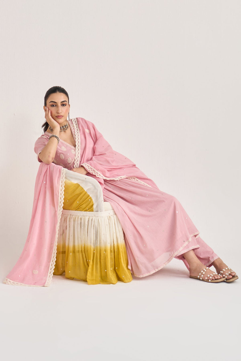 Chikankari summer 26 Dusty pink Chikankari v neck gathered kurta with palazzo and dupatta ( set of 3) - Ready to ship