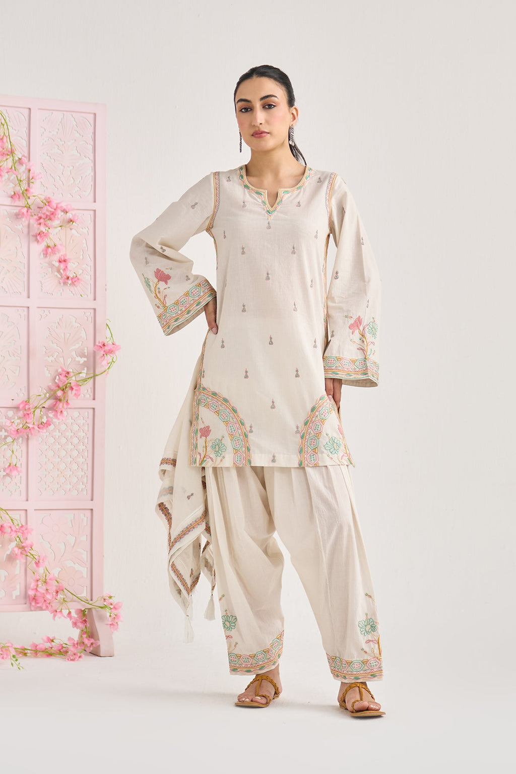 Chikankari summer 26 kora Straight cut kurta with salwar and scarf ( set of 3) - Ready to ship