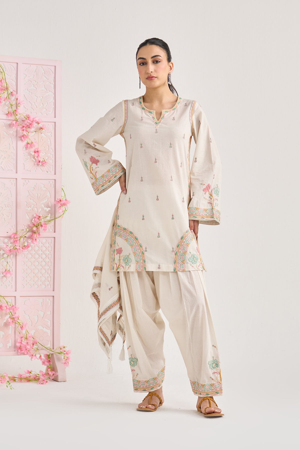 Chikankari summer 26 kora Straight cut kurta with salwar and scarf ( set of 3) - Ready to ship