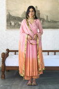 Ombre gota pink to orange v- neck gota patti embroidered anarkali with palazzo and dupatta ( set  of 3 ) RTS