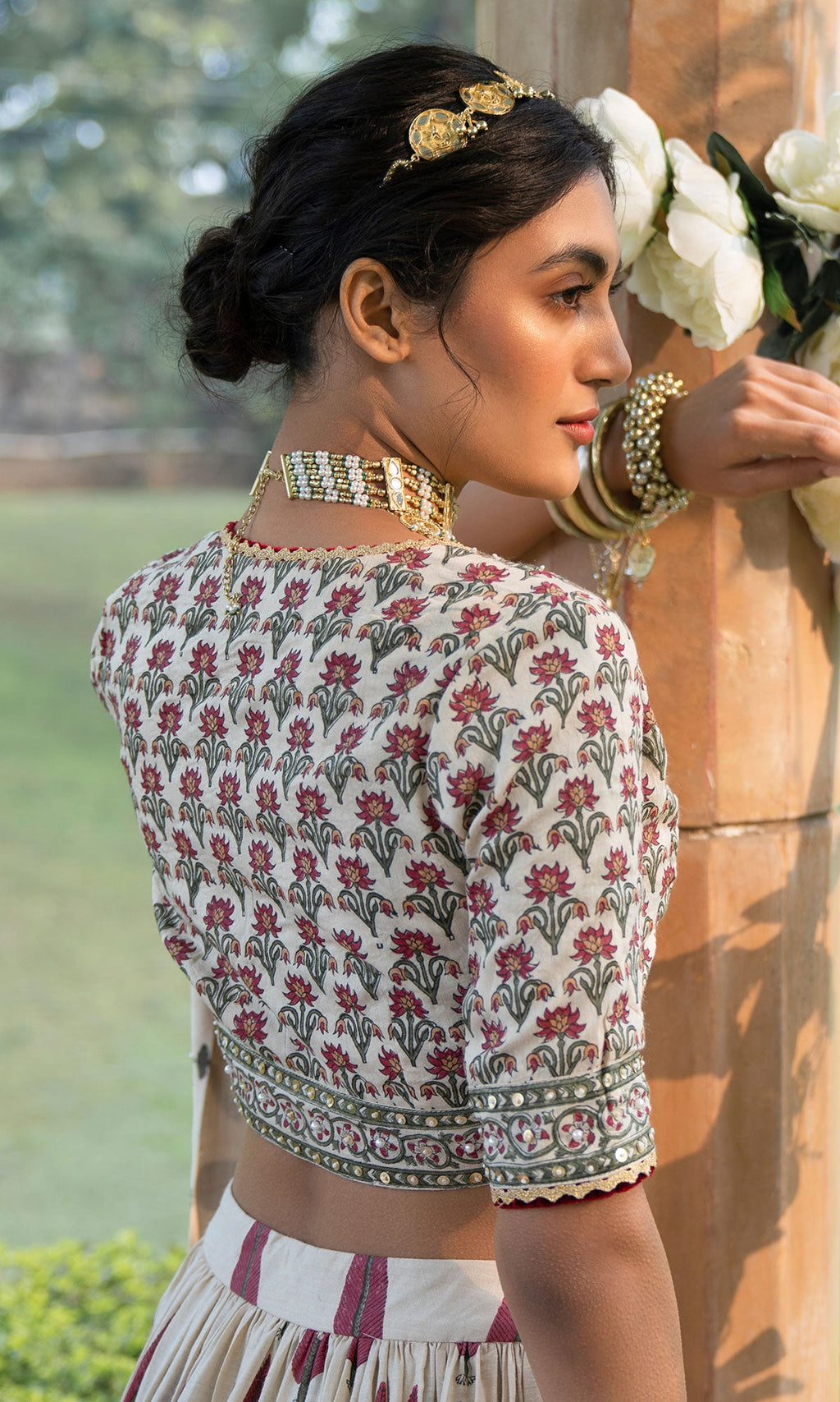 Bareen Mughal Red Block Printed Lehenga Set With Lehariya dupatta - Set Of 3 - Red - Ready to ship