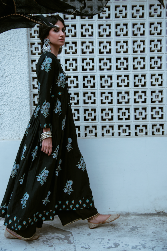 AAFREEN BLACK BLOCK PRINTED LONG KURTA PALAZZO SET