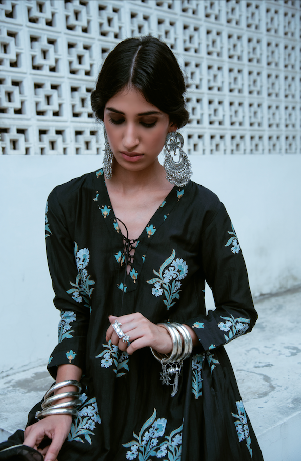 AAFREEN BLACK BLOCK PRINTED LONG KURTA PALAZZO SET