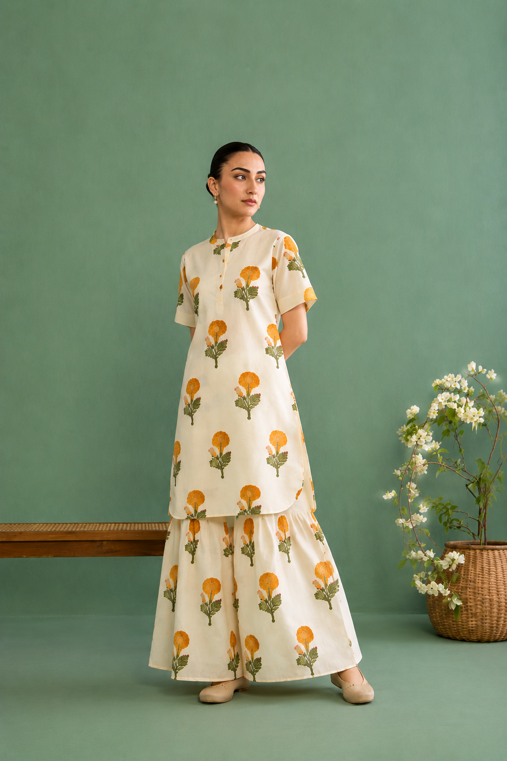 Mughal Summer Mustard Short Kurta With Flared Palazzo Set Of 2 - Ready to ship