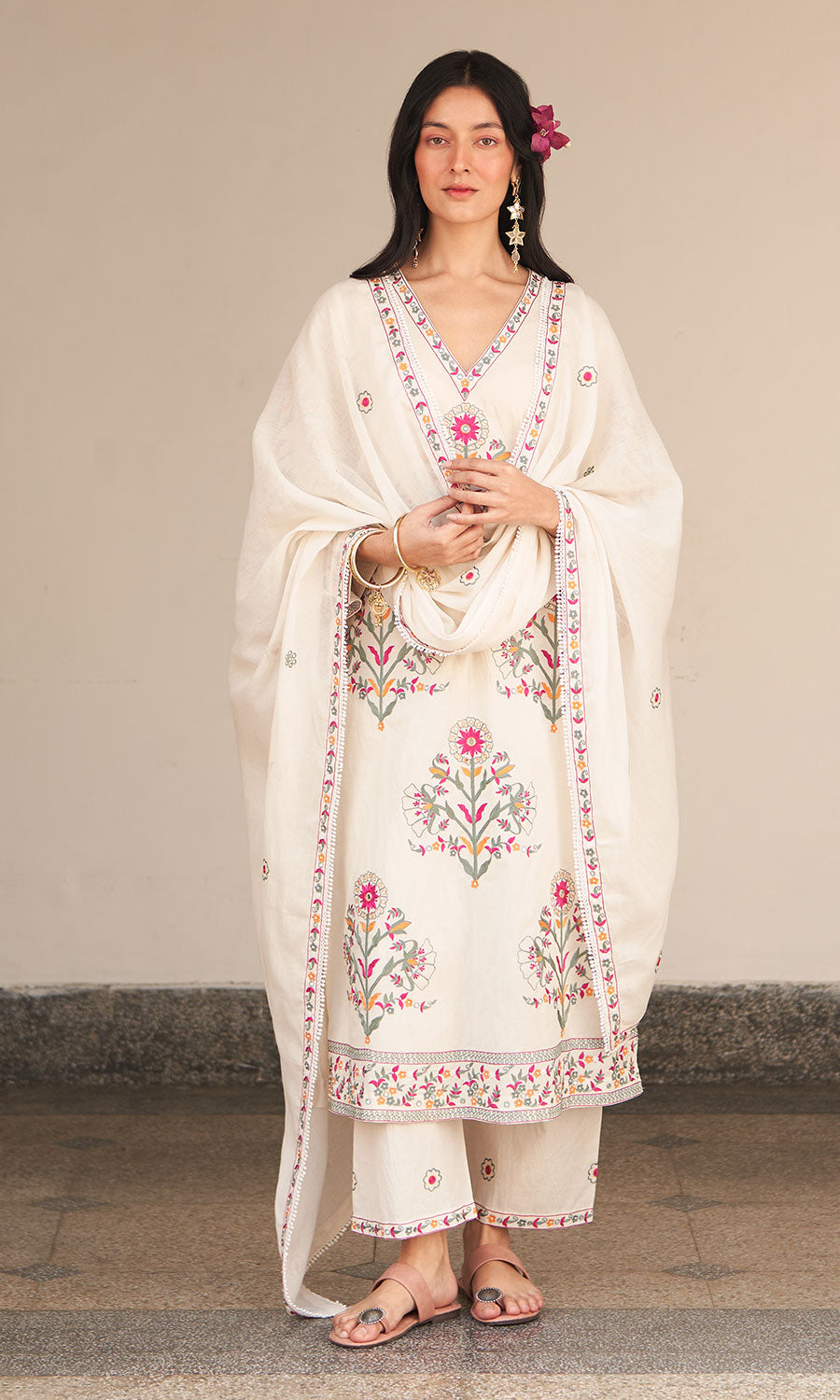 Chandani ivory mughal embroidered straight kurta with palazzo and dupatta ( set of 3) RTS